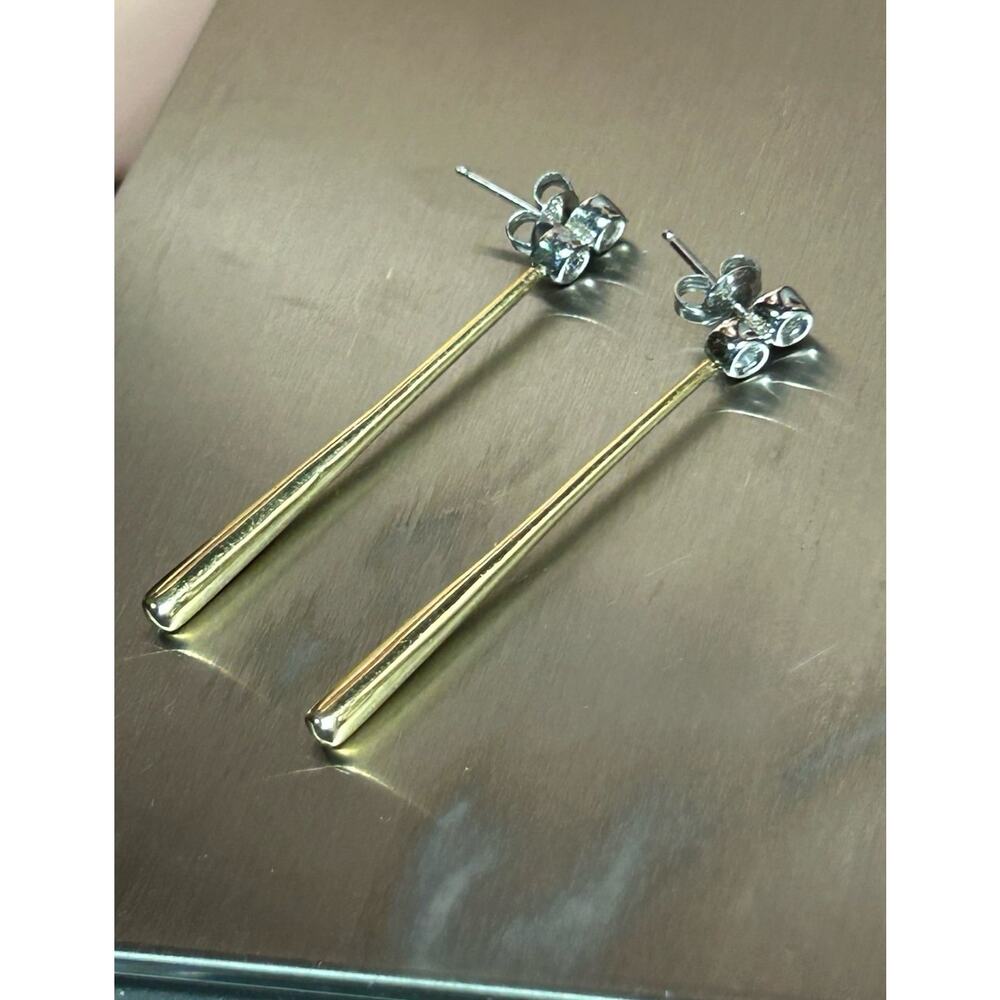 Vintage 14k 585 solid yellow gold white gold diamonds bar drop long earrings